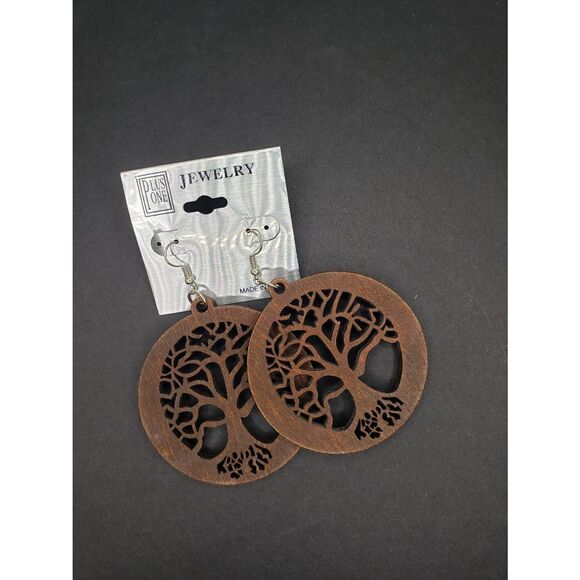 Brown Boho Tree of life wooden earrings - Picture 2 of 3
